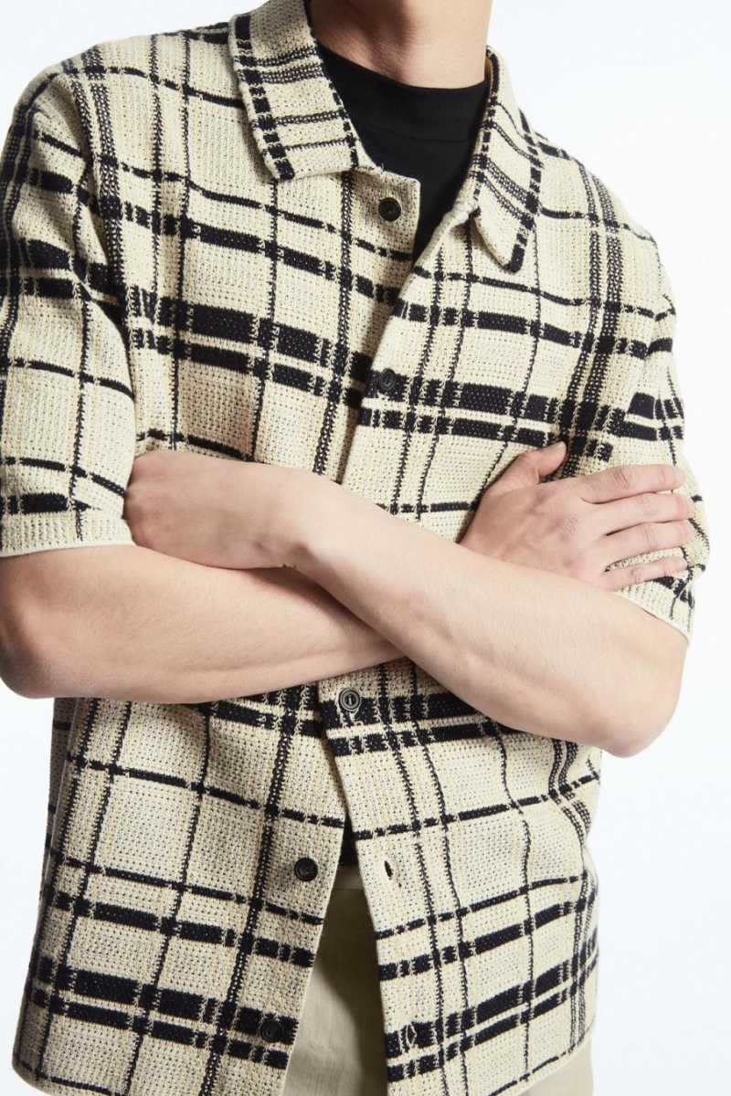 COS Checked Kötött Rövid-sleeved Ing Férfi Krém Fekete | HRO-786532