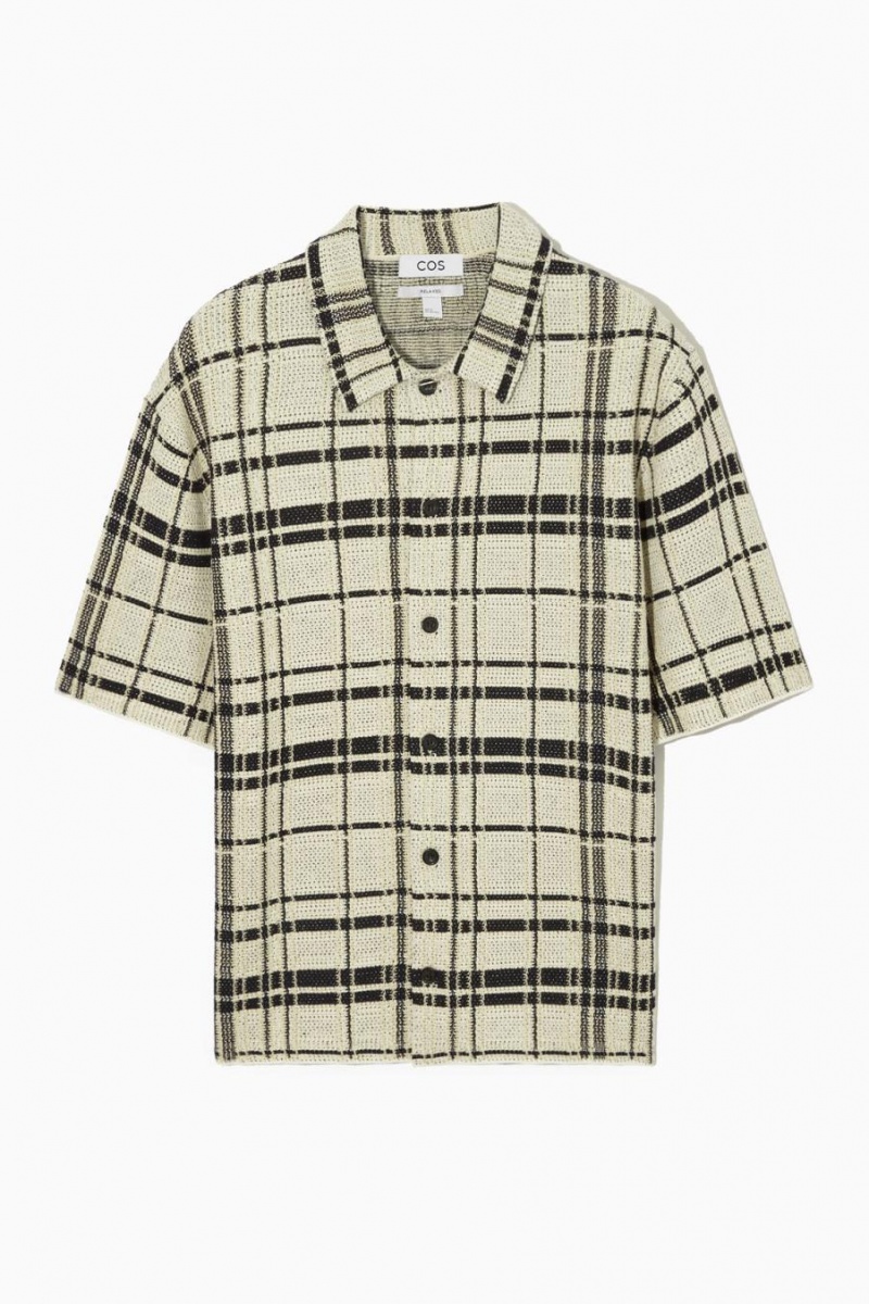 COS Checked Kötött Rövid-sleeved Ing Férfi Krém Fekete | HRO-786532
