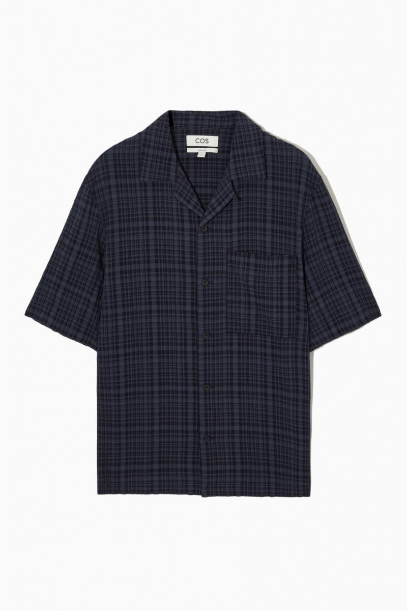 COS Checked Seersucker Camp-collar Ing Férfi Sötétkék | PSB-908137