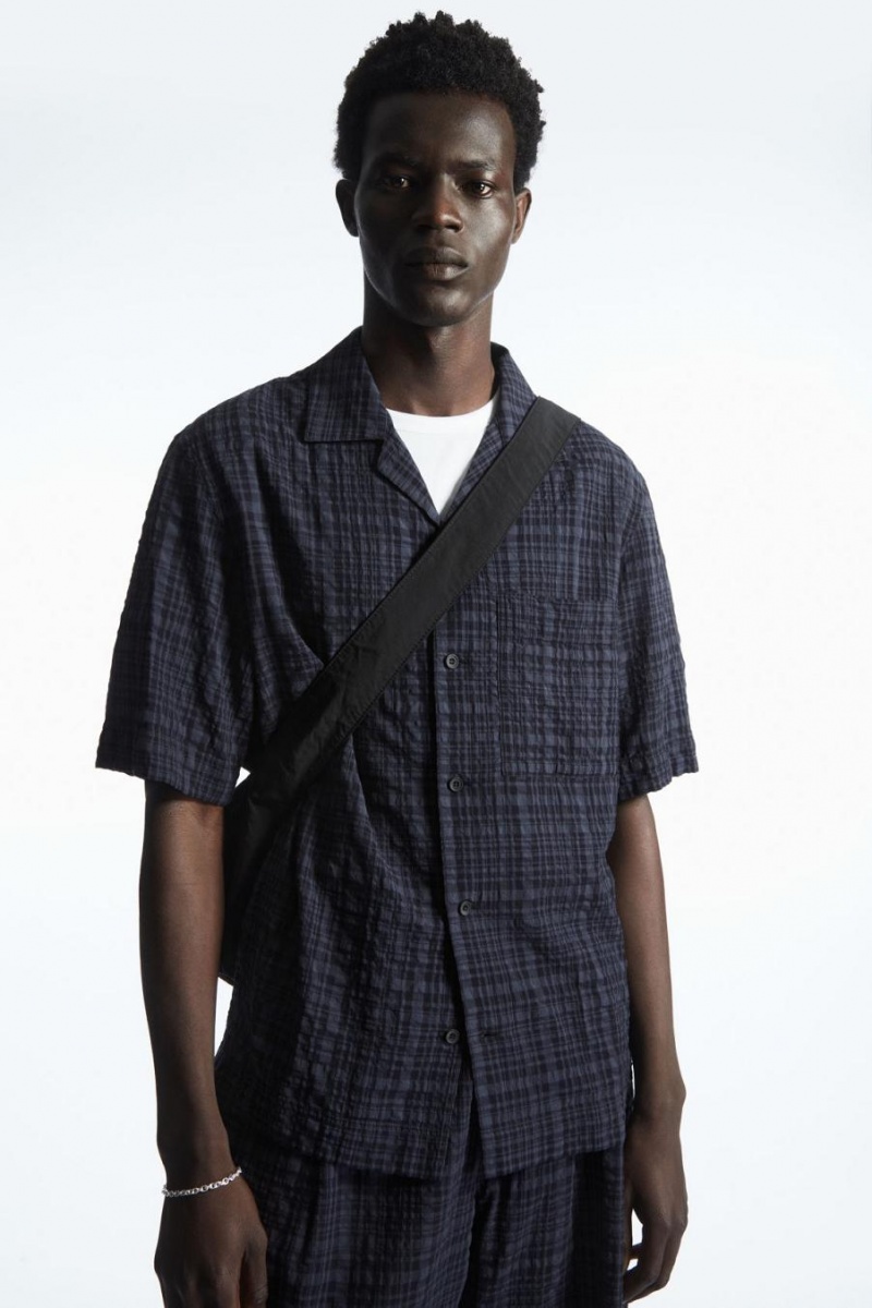 COS Checked Seersucker Camp-collar Ing Férfi Sötétkék | PSB-908137
