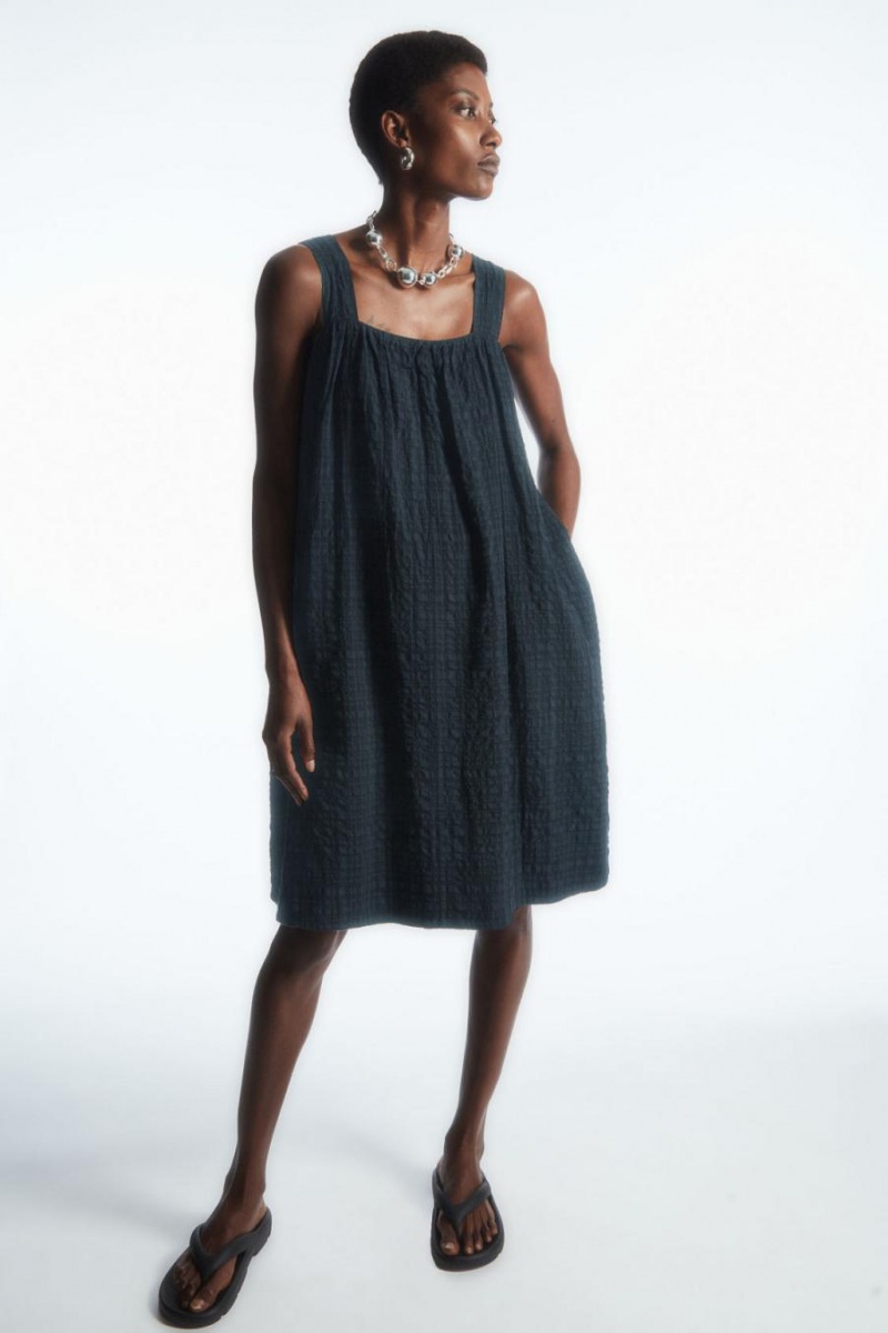 COS Checked Seersucker Mini Ruha Női Fekete | HYS-207389