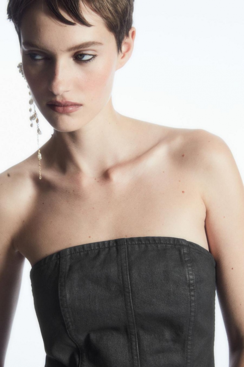 COS Coated-denim Bustier Női Fekete | OEC-012934