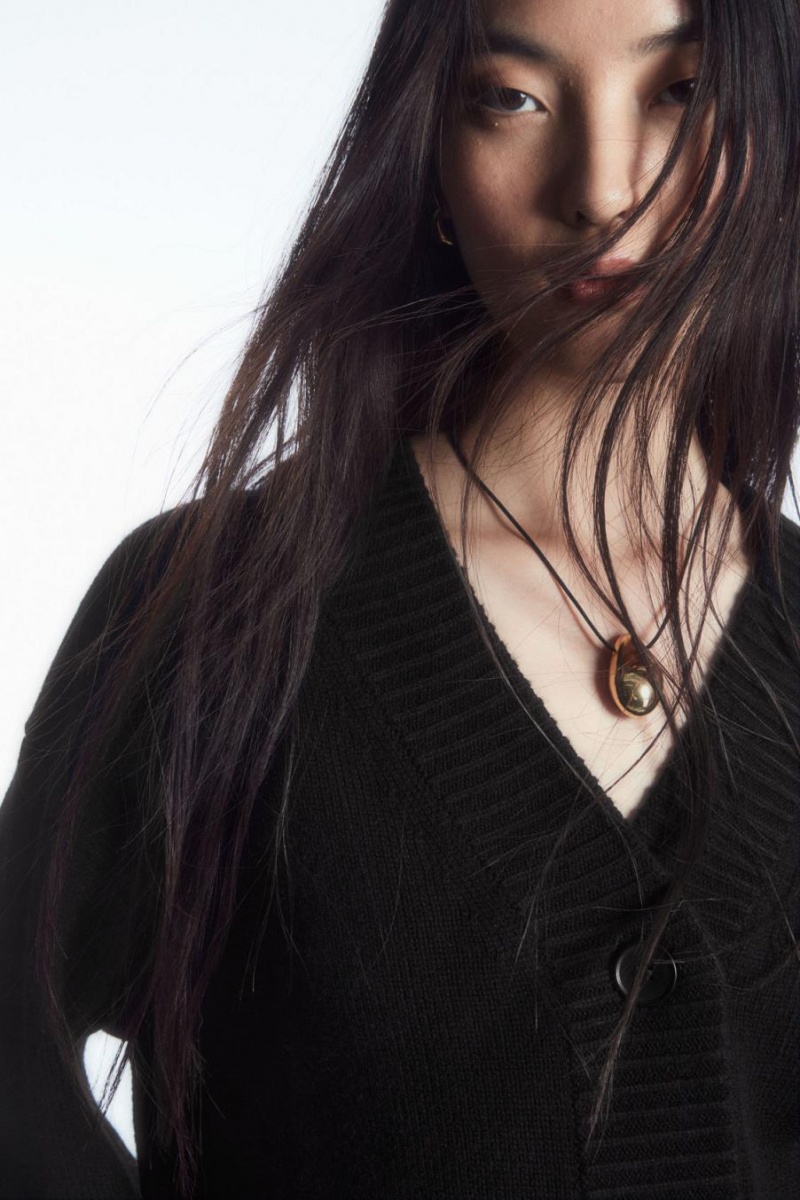 COS Cocooning Gyapjú V-neck Kardigán Női Fekete | UIJ-371095