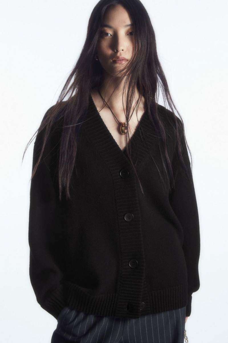 COS Cocooning Gyapjú V-neck Kardigán Női Fekete | UIJ-371095