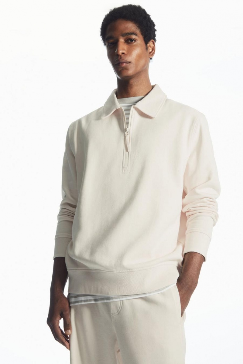 COS Collared Half-zip Pulóver Férfi Krém | EBS-096784