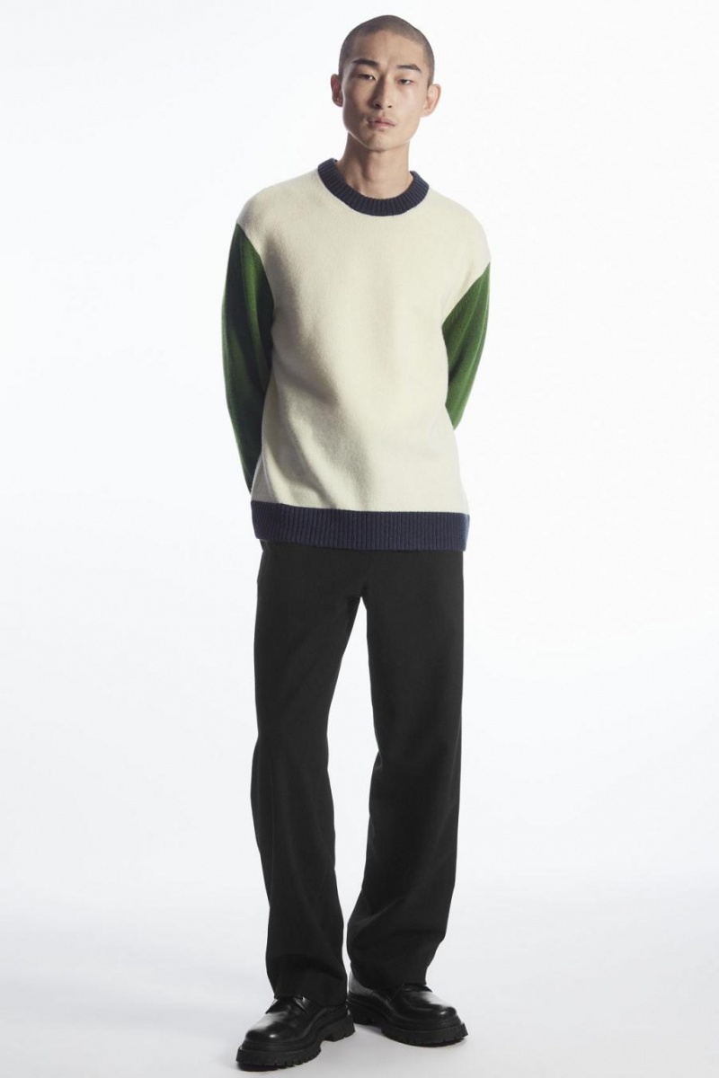 COS Colour-block Gyapjú Jumpers Férfi Fehér Sötétzöld Sötétkék | SKJ-562147