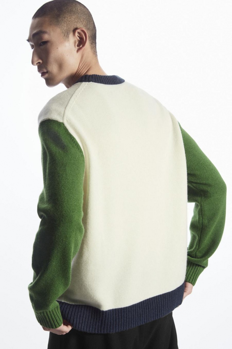 COS Colour-block Gyapjú Jumpers Férfi Fehér Sötétzöld Sötétkék | SKJ-562147