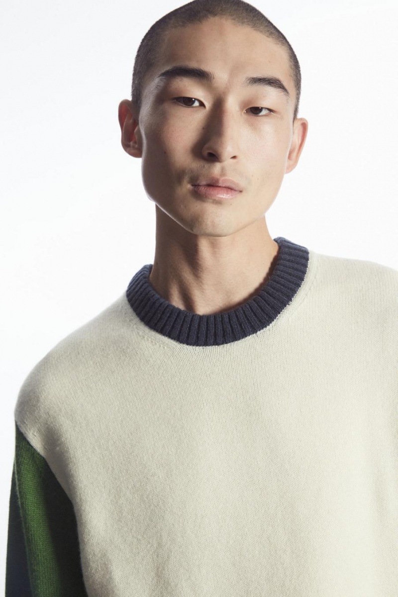 COS Colour-block Gyapjú Jumpers Férfi Fehér Sötétzöld Sötétkék | SKJ-562147