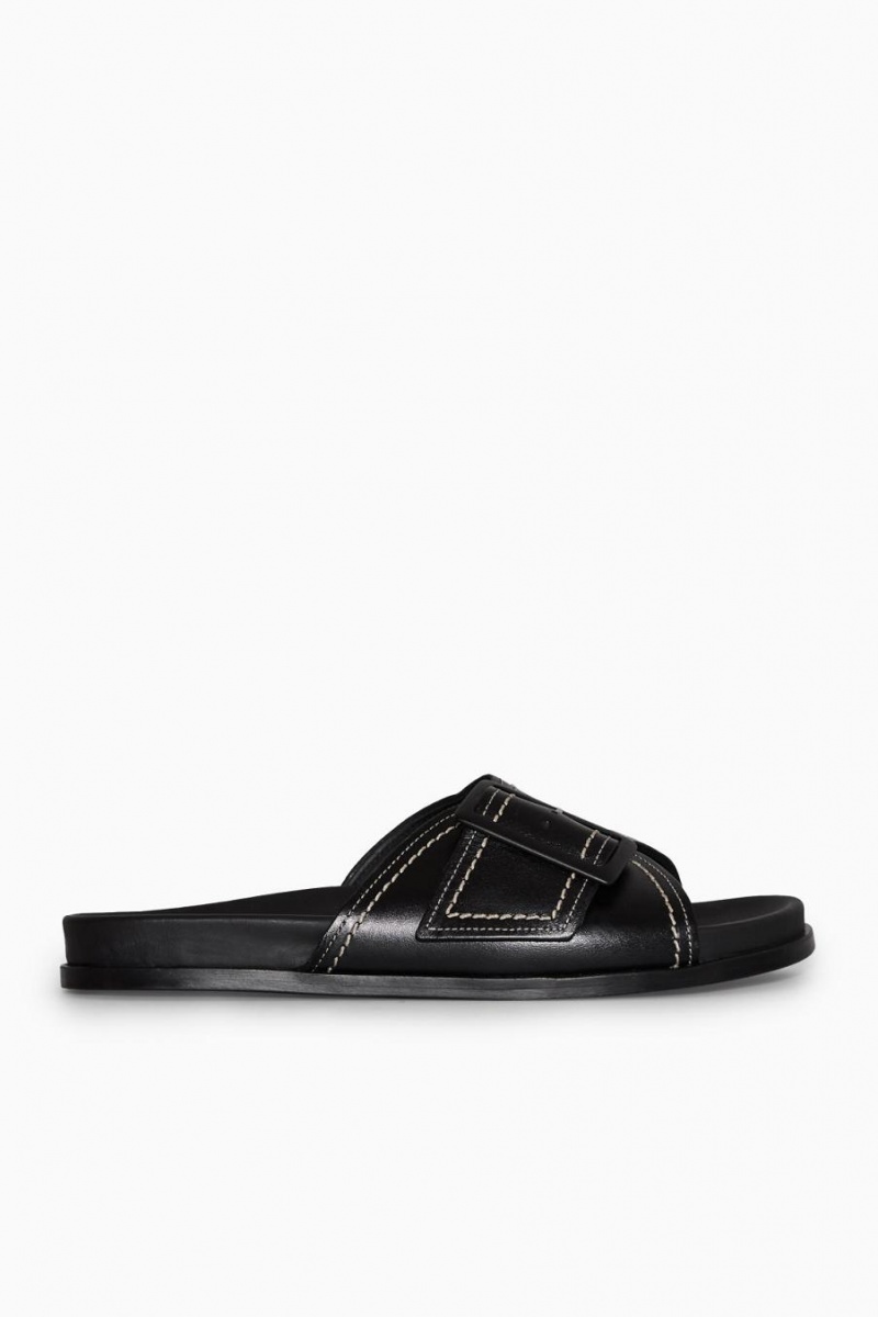 COS Contrast-stitch Buckled Bőr Papucs Női Fekete Fehér | GER-328671