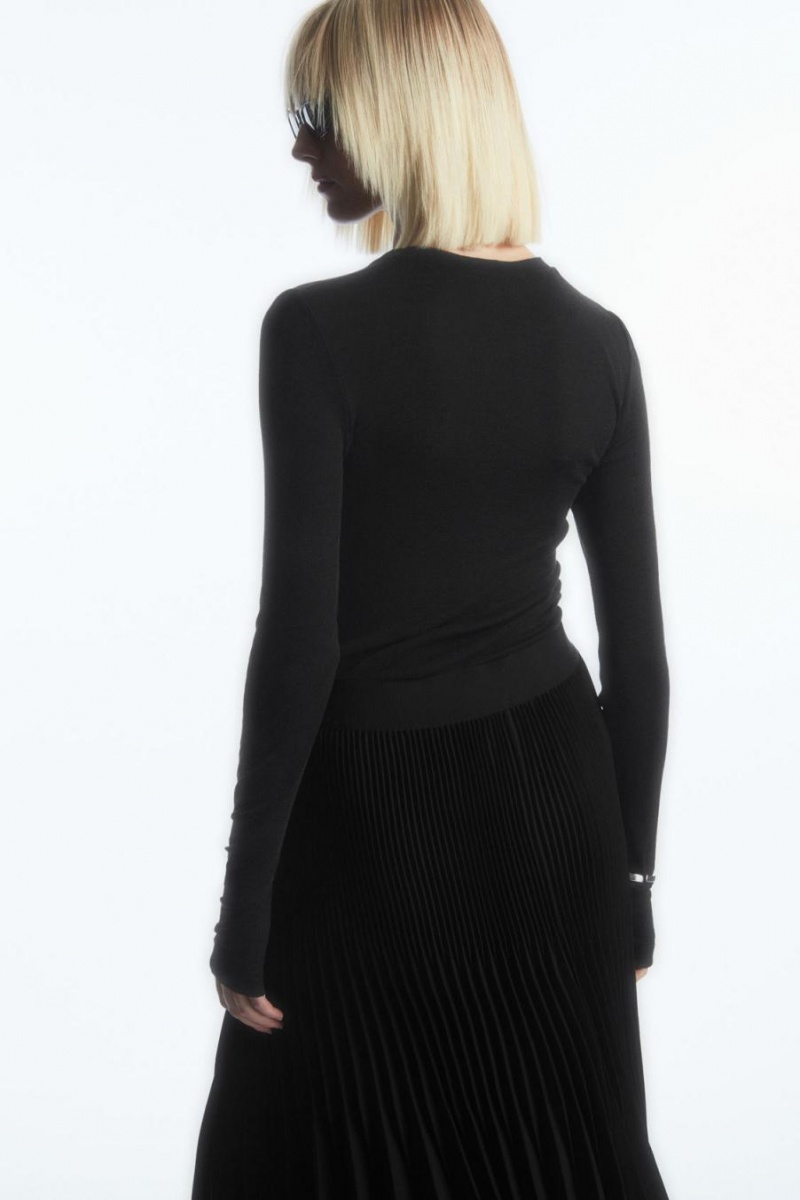 COS Crew-neck Merino Gyapjú Póló Női Fekete | ODY-572498
