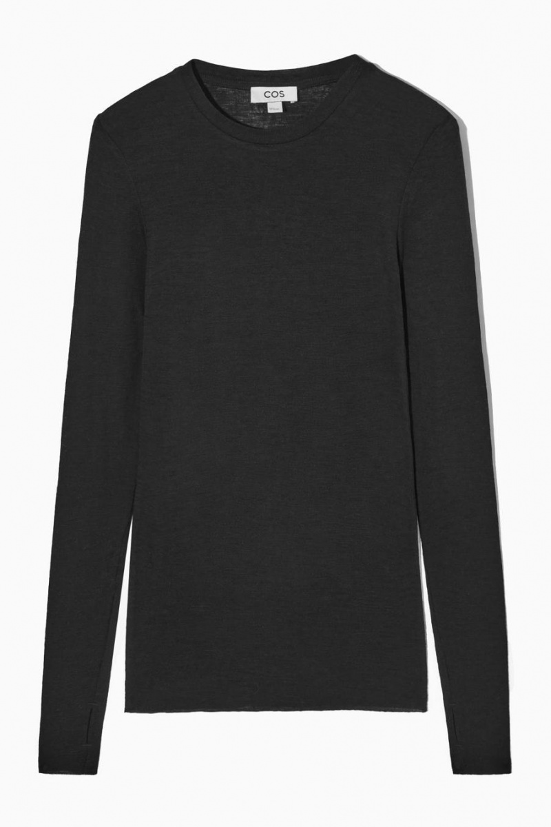 COS Crew-neck Merino Gyapjú Póló Női Fekete | ODY-572498