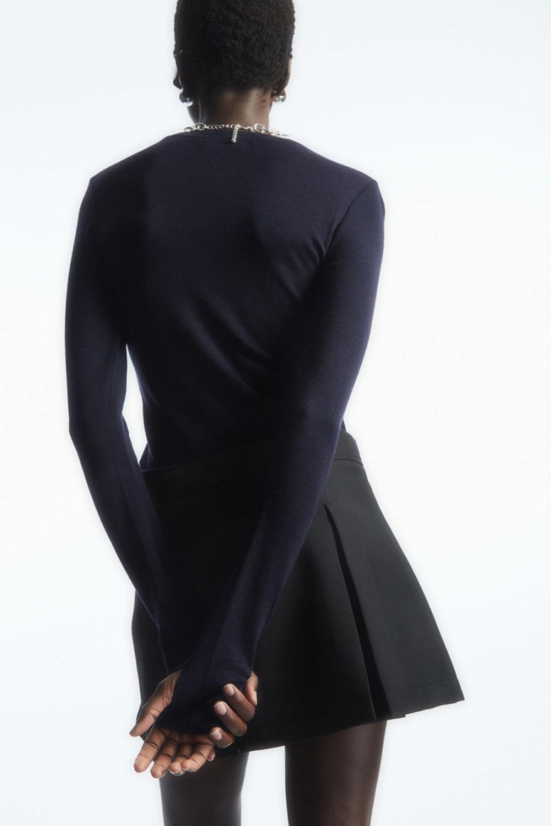 COS Crew-neck Merino Gyapjú Póló Női Sötétkék | NZK-607845