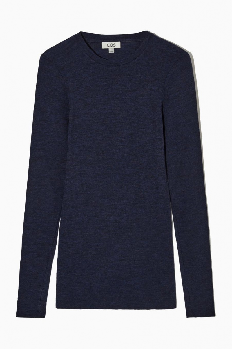 COS Crew-neck Merino Gyapjú Póló Női Sötétkék | ONX-160479