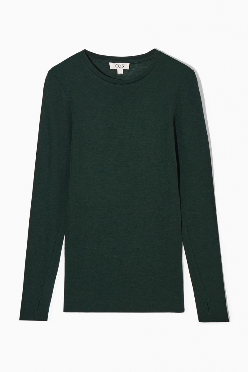 COS Crew-neck Merino Gyapjú Póló Női Sötétzöld | ENQ-312764
