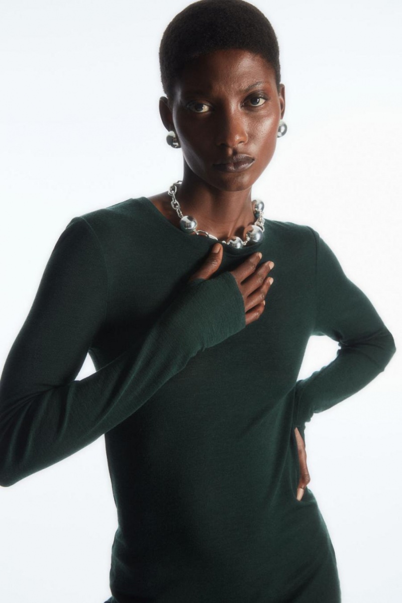 COS Crew-neck Merino Gyapjú Póló Női Sötétzöld | ENQ-312764