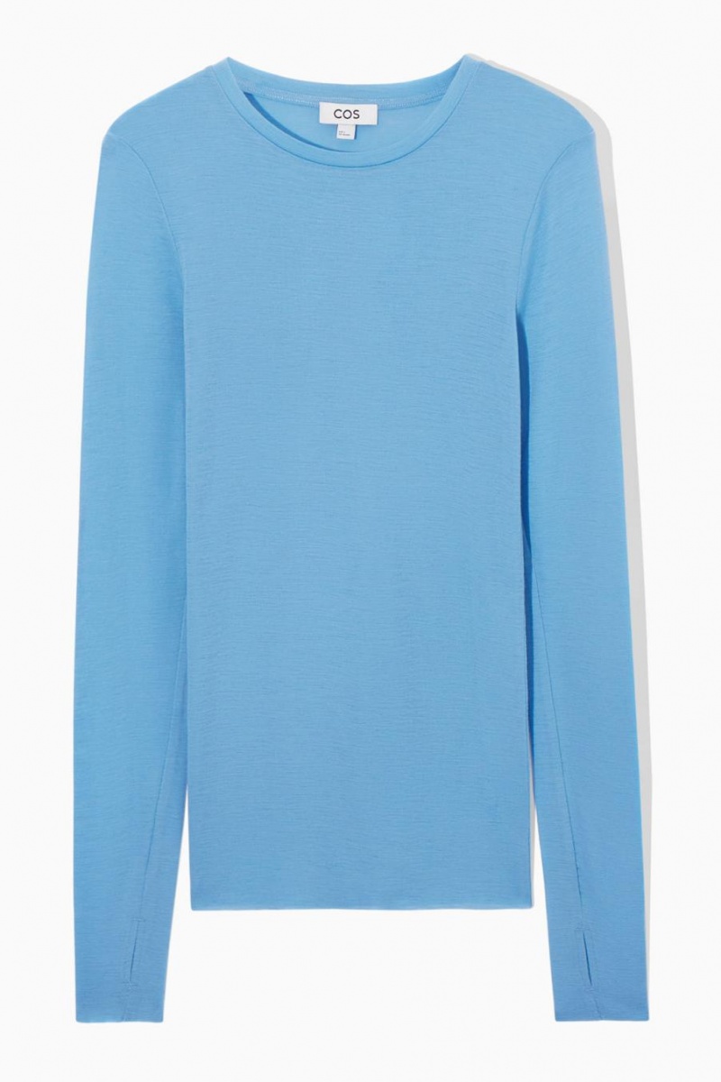 COS Crew-neck Merino Gyapjú Póló Női Világos Kék | FAO-514873