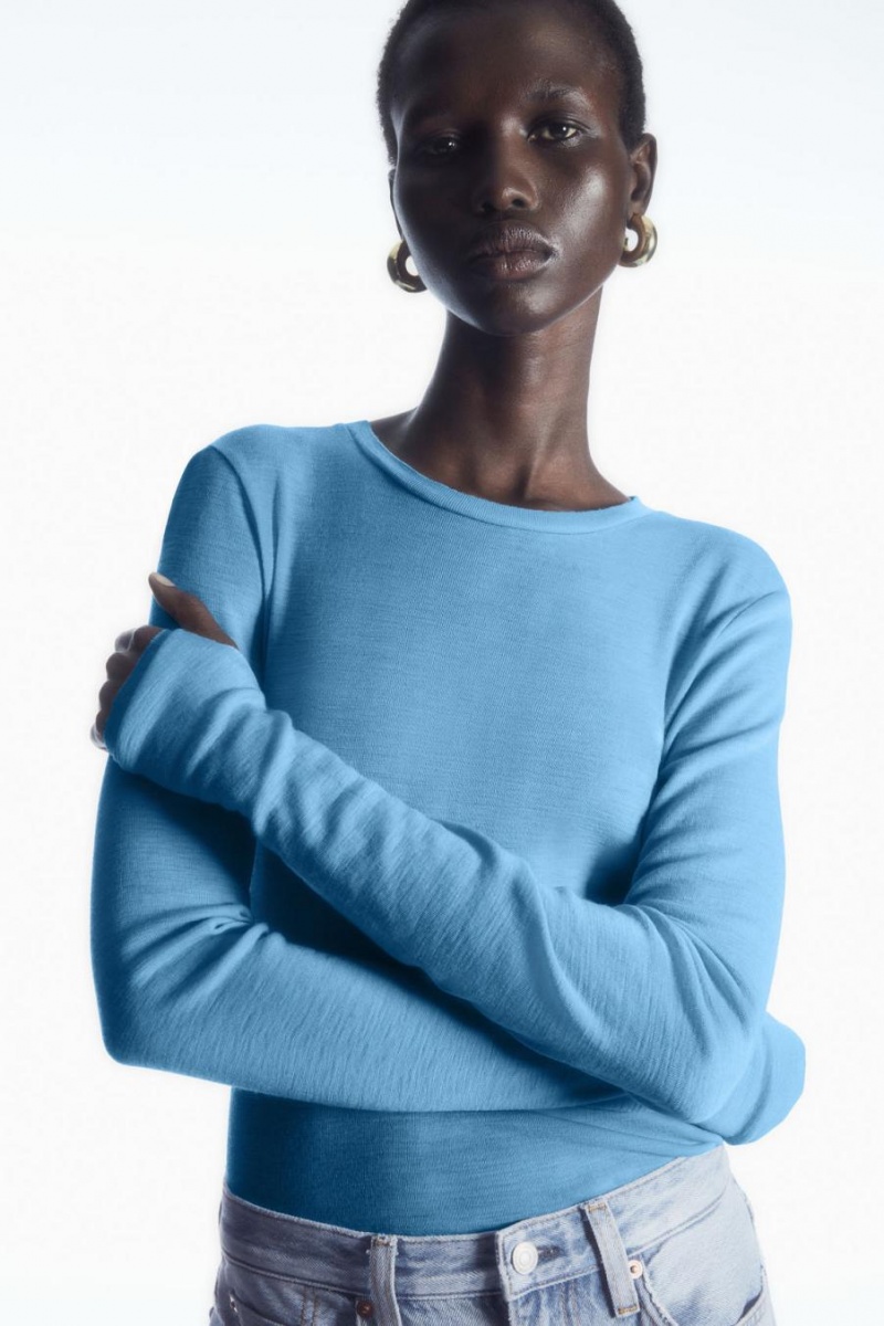 COS Crew-neck Merino Gyapjú Póló Női Világos Kék | FAO-514873