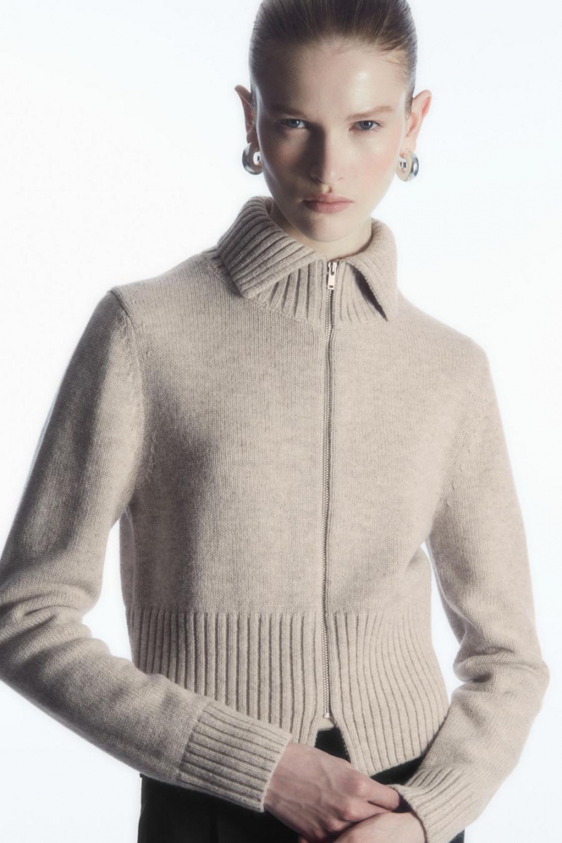 COS Cropped Gyapjú Zip-up Kardigán Női Bézs | HAO-402715