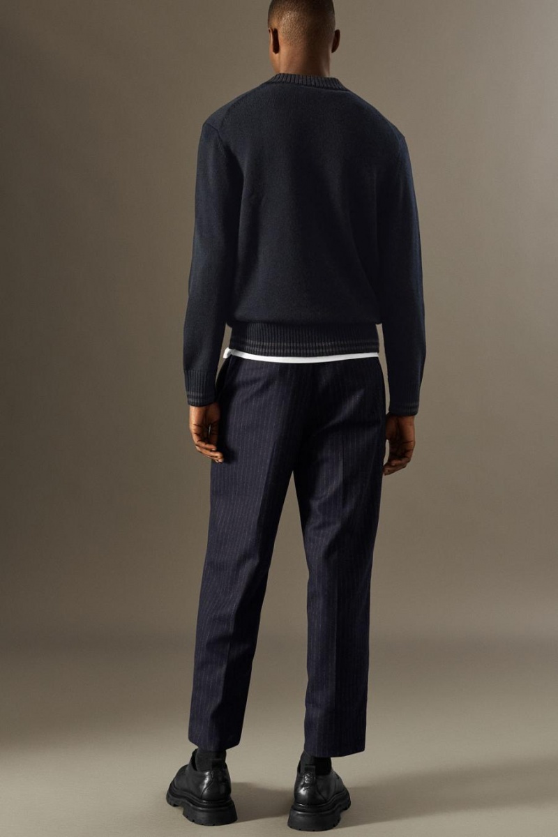 COS Cropped Pinstriped Gyapjú - Egyenes Nadrág Férfi Sötétkék | CXD-890246