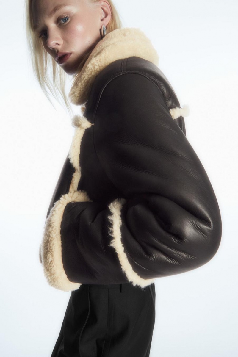 COS Cropped Shearling Kabát Női Sötétbarna Krém | EIR-750243