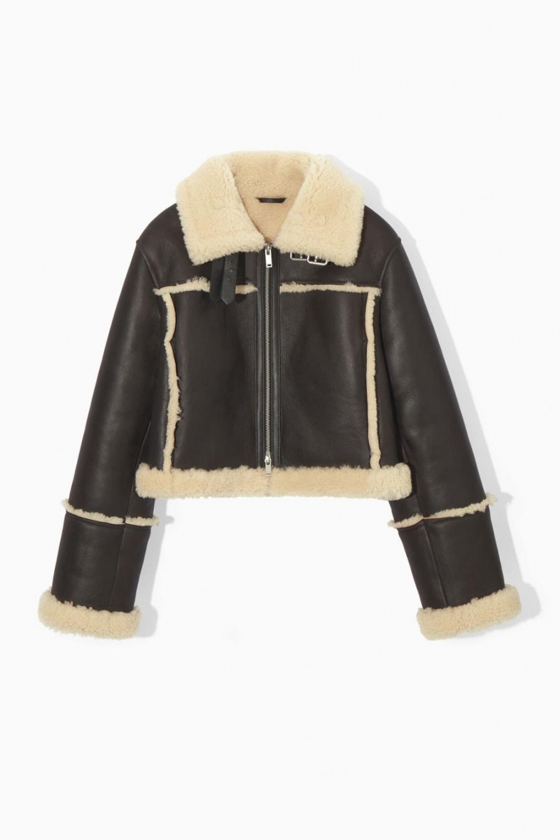 COS Cropped Shearling Kabát Női Sötétbarna Krém | EIR-750243
