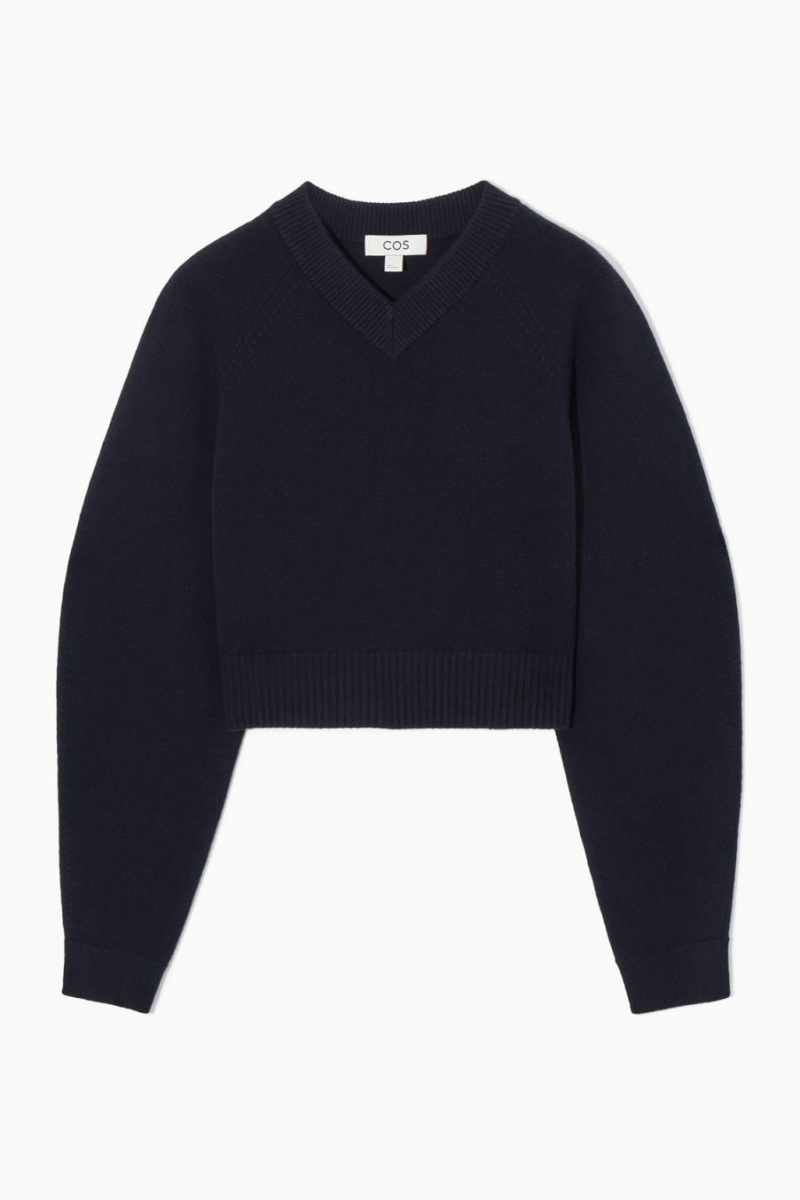 COS Cropped V-neck Gyapjú Jumpers Női Sötétkék | VFD-271385