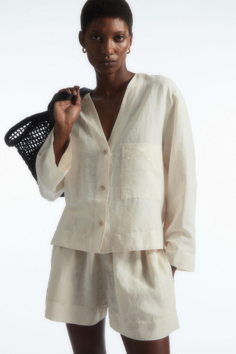 COS Cropped V-neck Linen Ing Női Fehér | XFJ-193872