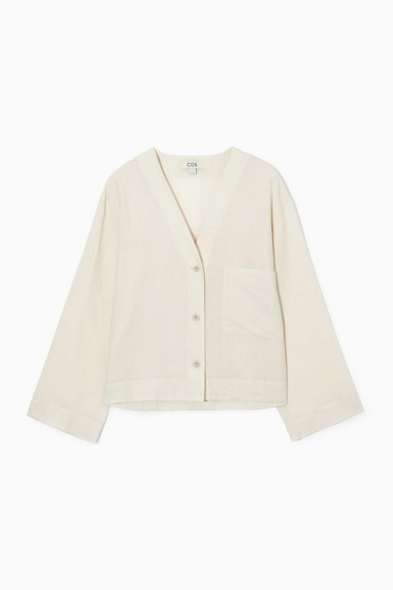 COS Cropped V-neck Linen Ing Női Fehér | XFJ-193872