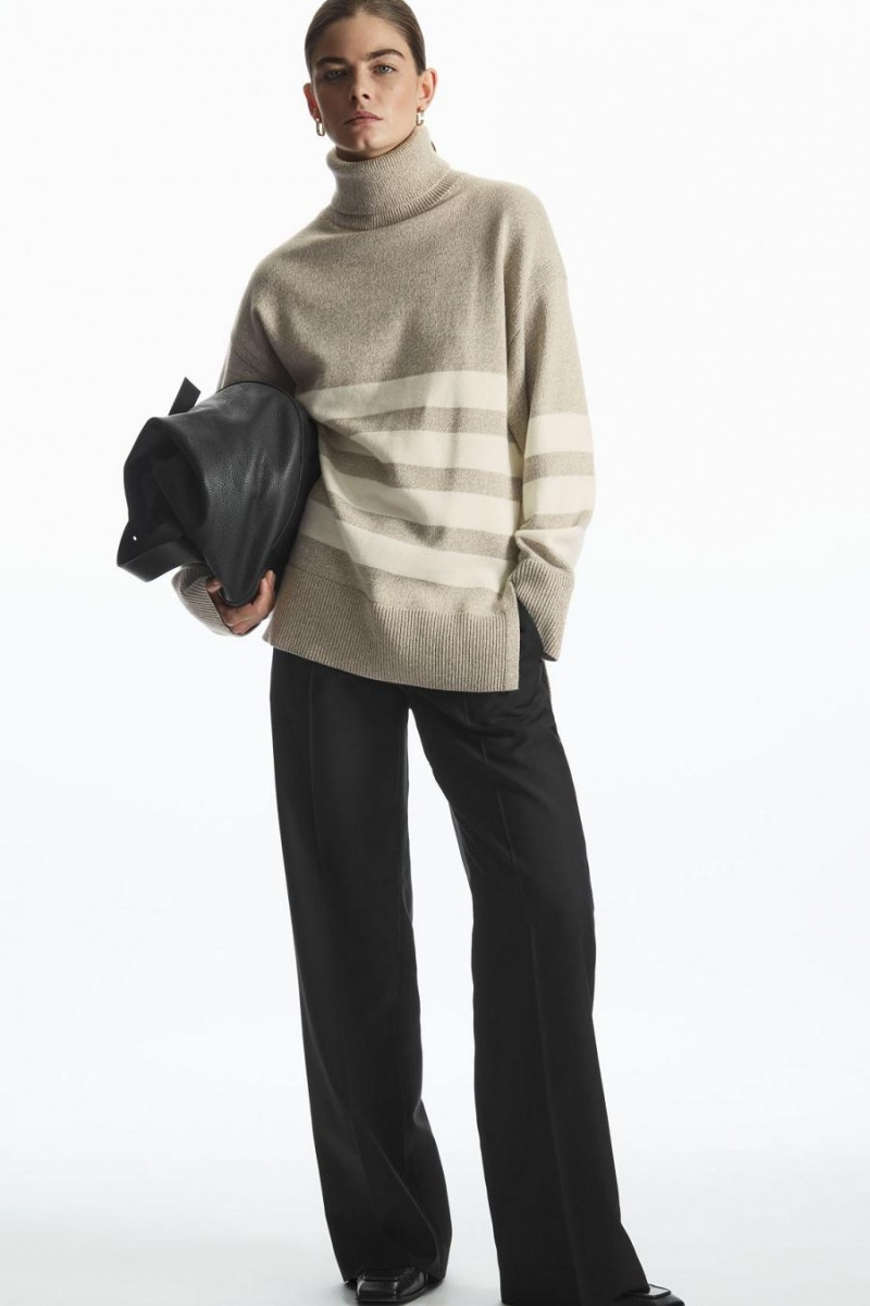COS Csíkos Gyapjú Turtleneck Jumpers Női Bézs | MDS-174635