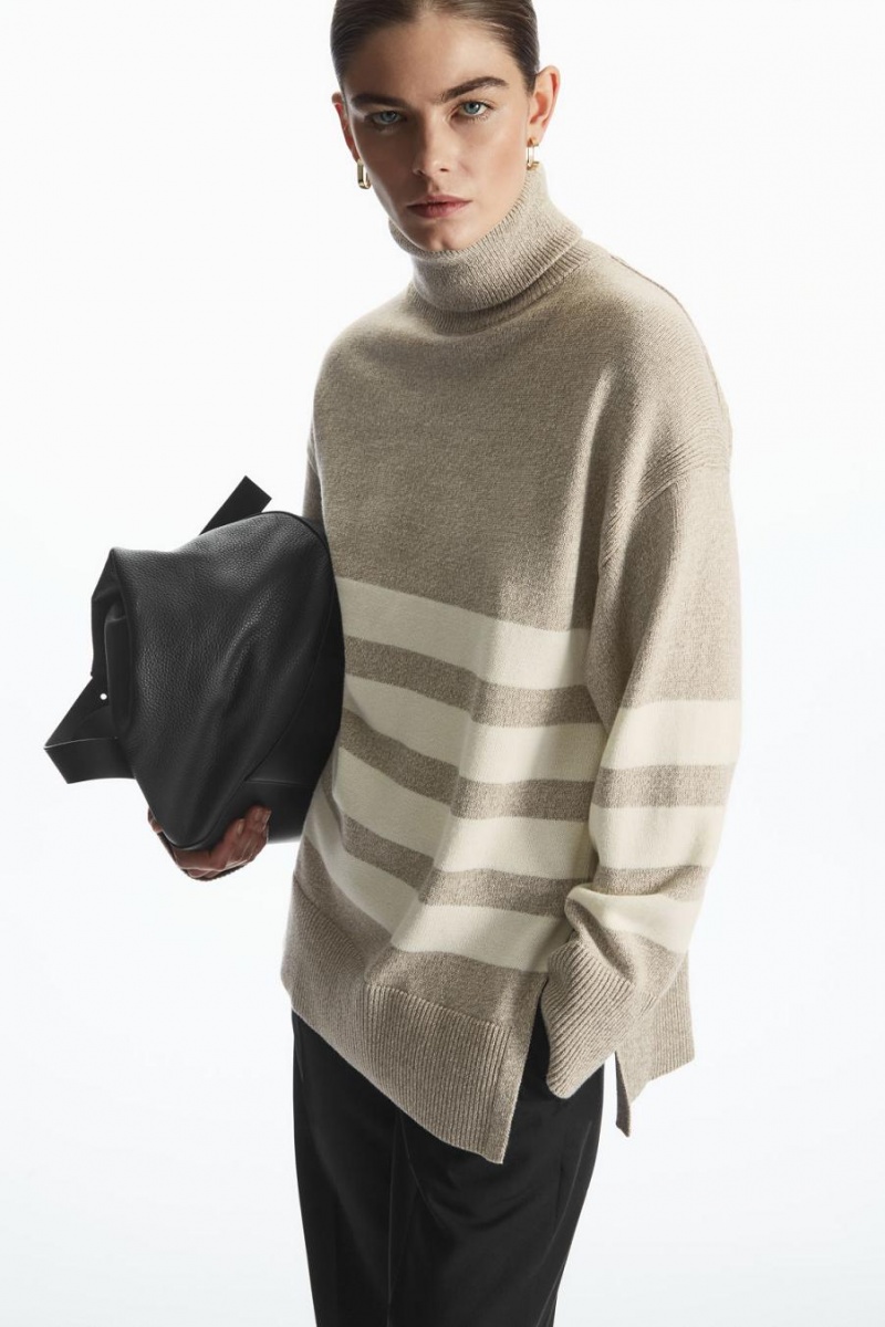COS Csíkos Gyapjú Turtleneck Jumpers Női Bézs | MDS-174635