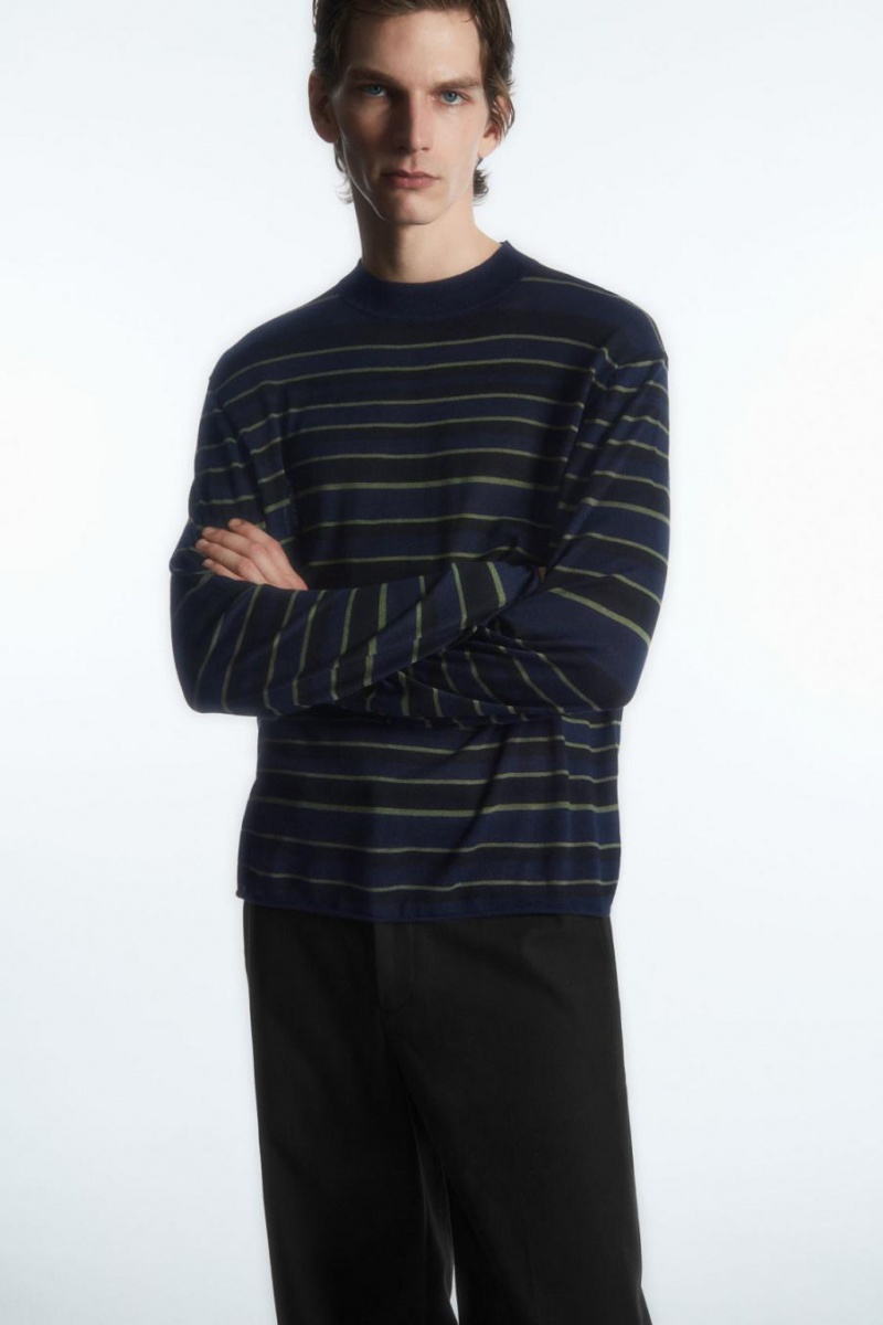 COS Csíkos Kötött Long-sleeved Póló Férfi Sötétkék | XLM-728015