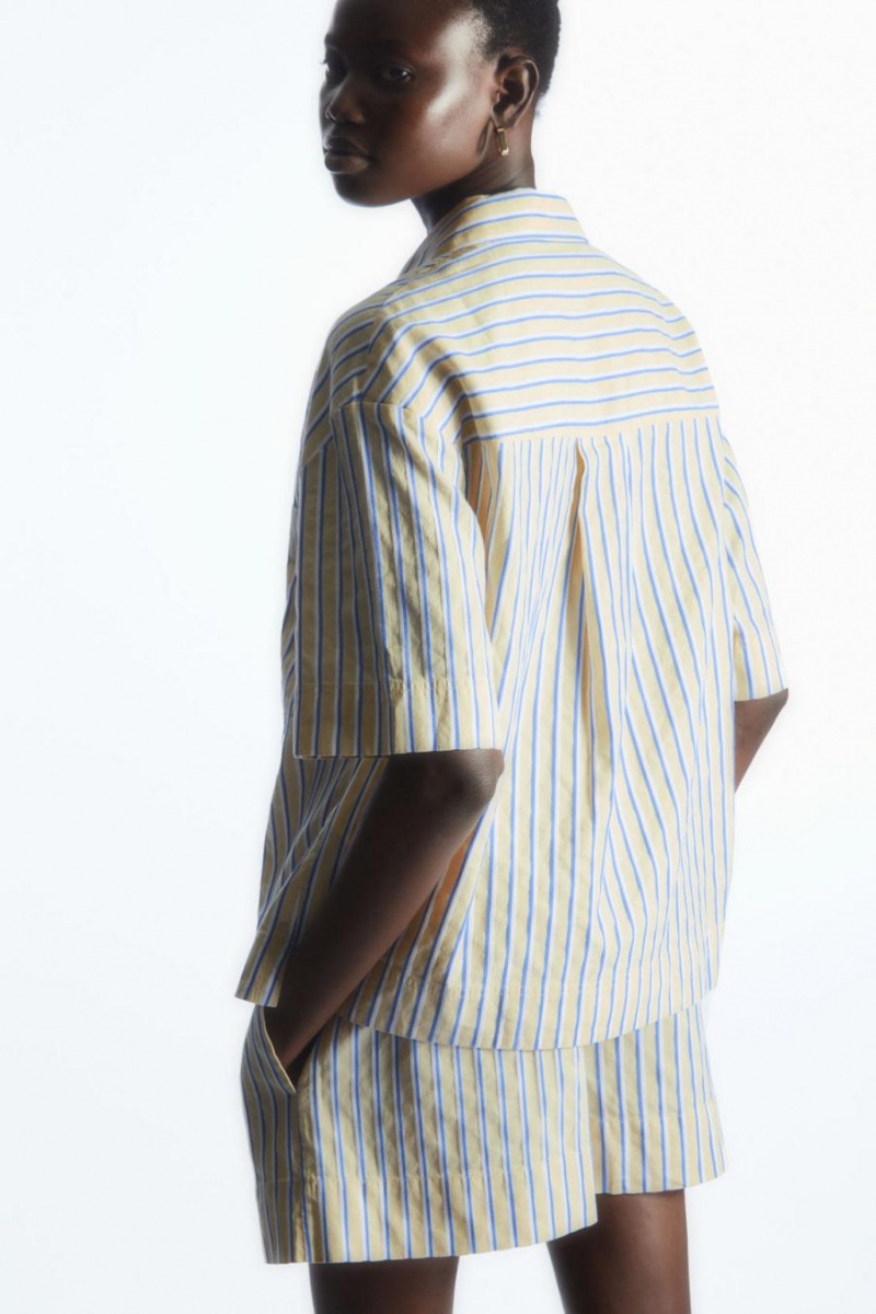 COS Csíkos Linen-blend Camp-collar Ing Női Bézs Kék | QTY-714369
