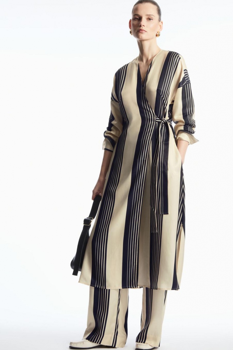 COS Csíkos Midi Wrap Ruha Női Sötétkék Krém | EGD-715369