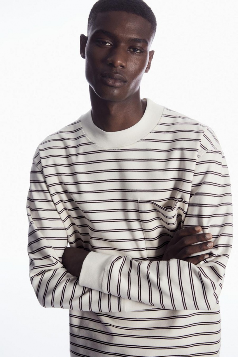 COS Csíkos Mock-neck Long-sleeved Póló Férfi Fehér | DPQ-526408