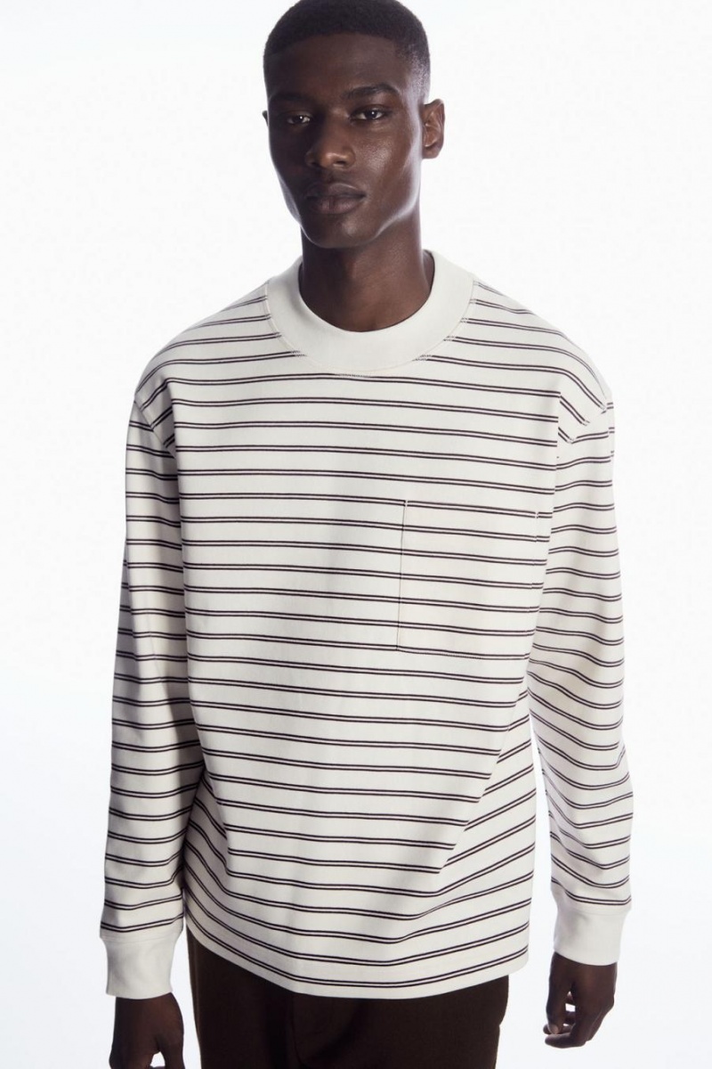 COS Csíkos Mock-neck Long-sleeved Póló Férfi Fehér | DPQ-526408