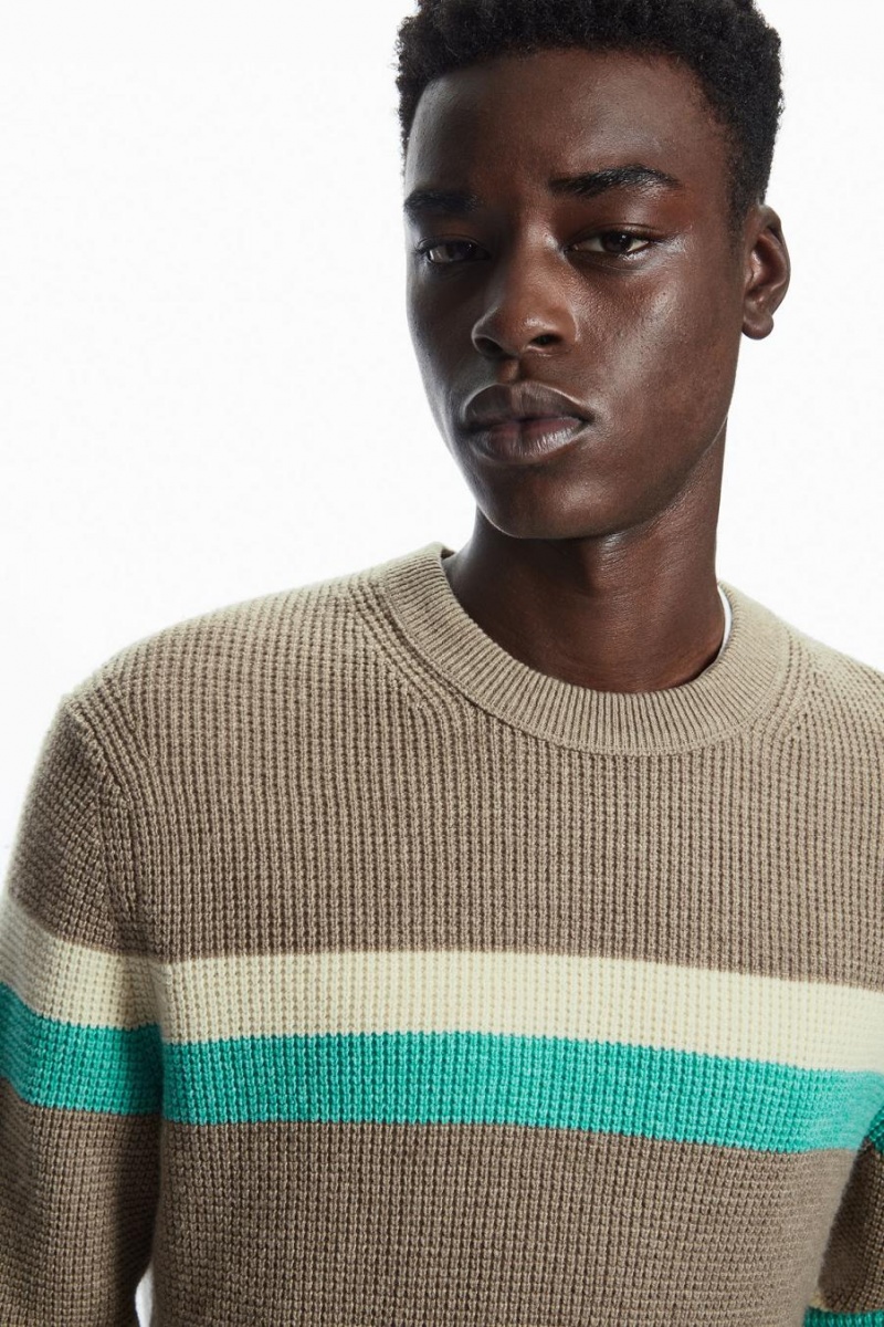 COS Csíkos Waffle-knit Gyapjú Jumpers Férfi Bézs Türkiz | MNJ-709542