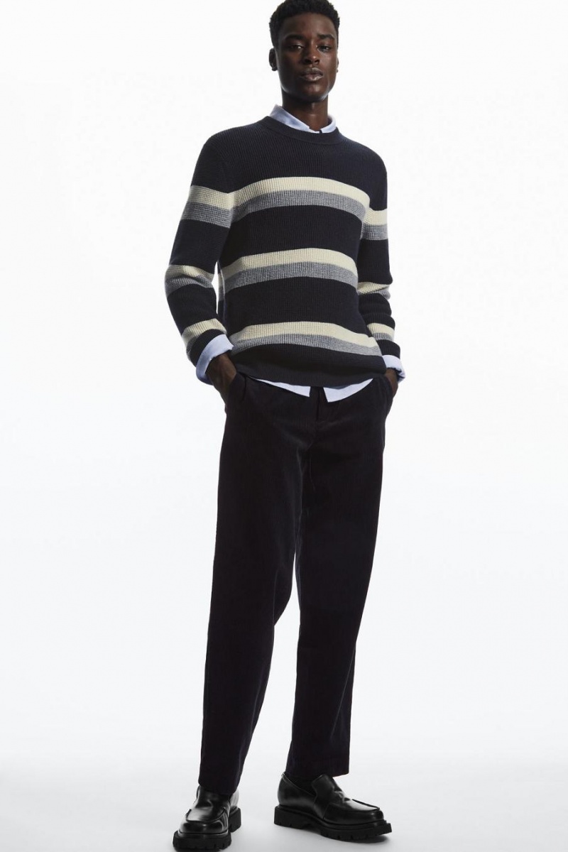 COS Csíkos Waffle-knit Gyapjú Jumpers Férfi Sötétkék Szürke | DUJ-769834