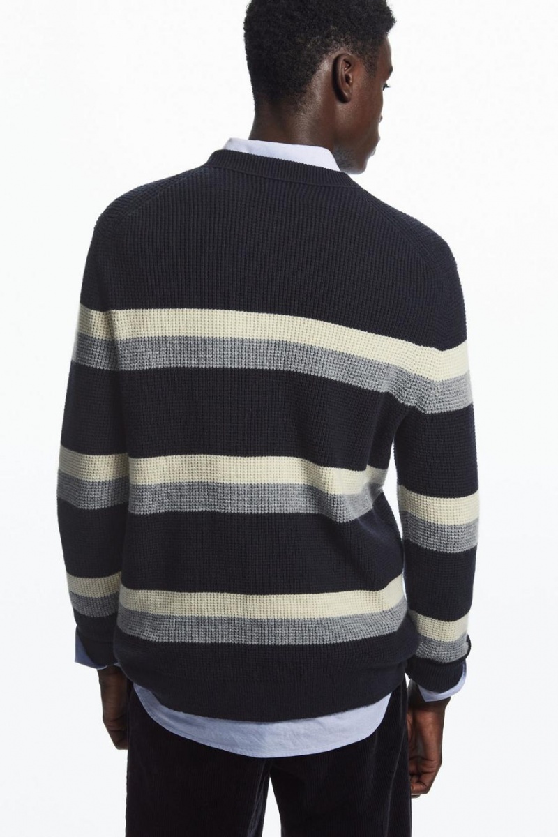 COS Csíkos Waffle-knit Gyapjú Jumpers Férfi Sötétkék Szürke | DUJ-769834