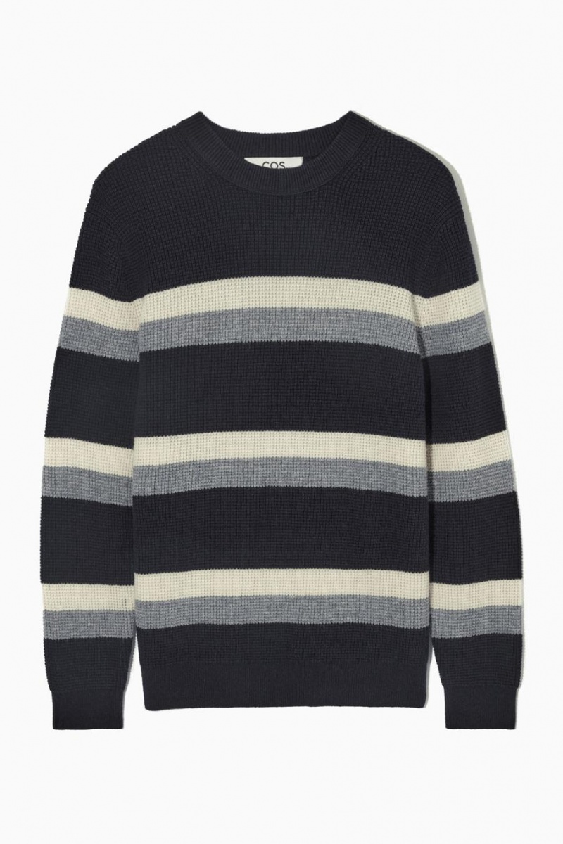 COS Csíkos Waffle-knit Gyapjú Jumpers Férfi Sötétkék Szürke | DUJ-769834
