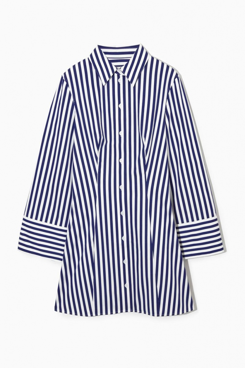 COS Csíkos Waisted Mini Shirt Ruha Női Kék Fehér | RCW-074915
