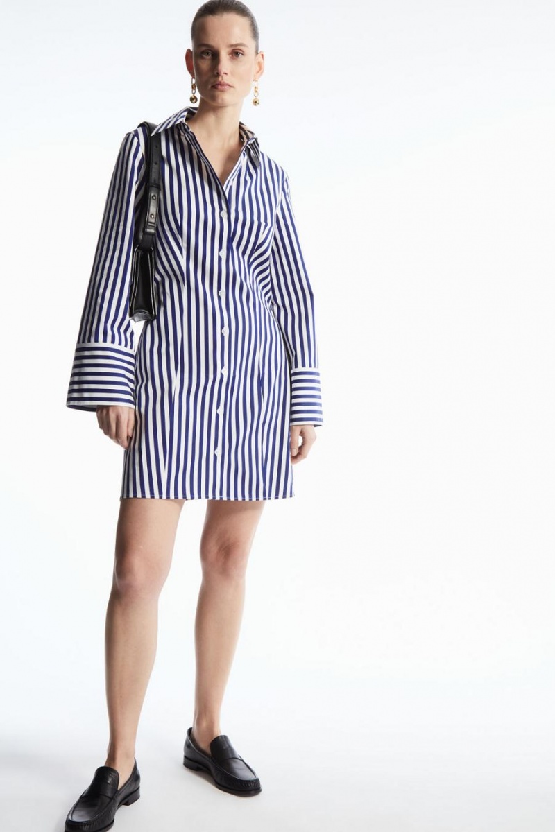 COS Csíkos Waisted Mini Shirt Ruha Női Kék Fehér | RCW-074915
