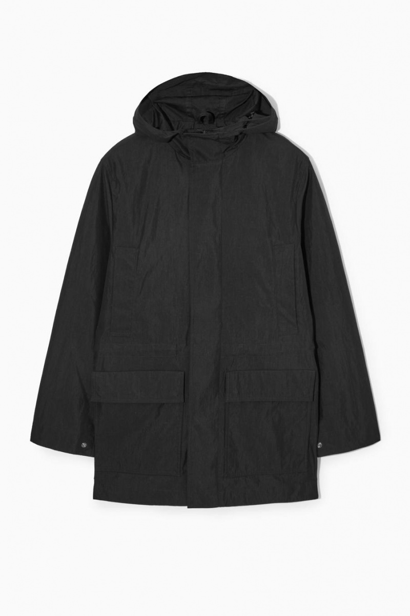 COS Csuklyás Nejlon Parka Férfi Fekete | BND-402195