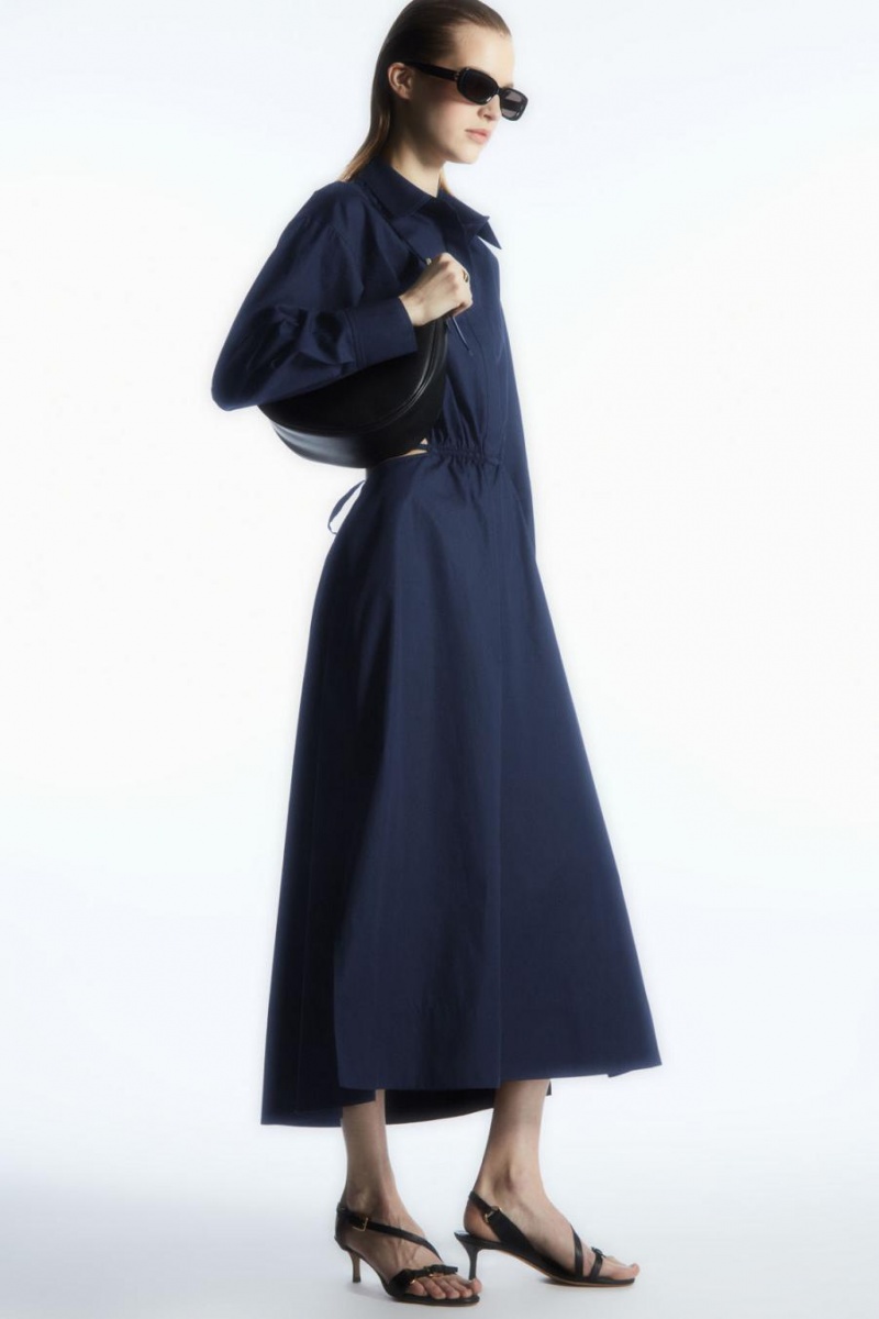 COS Cutout-waist Midi Shirt Ruha Női Sötétkék | ZTI-371420