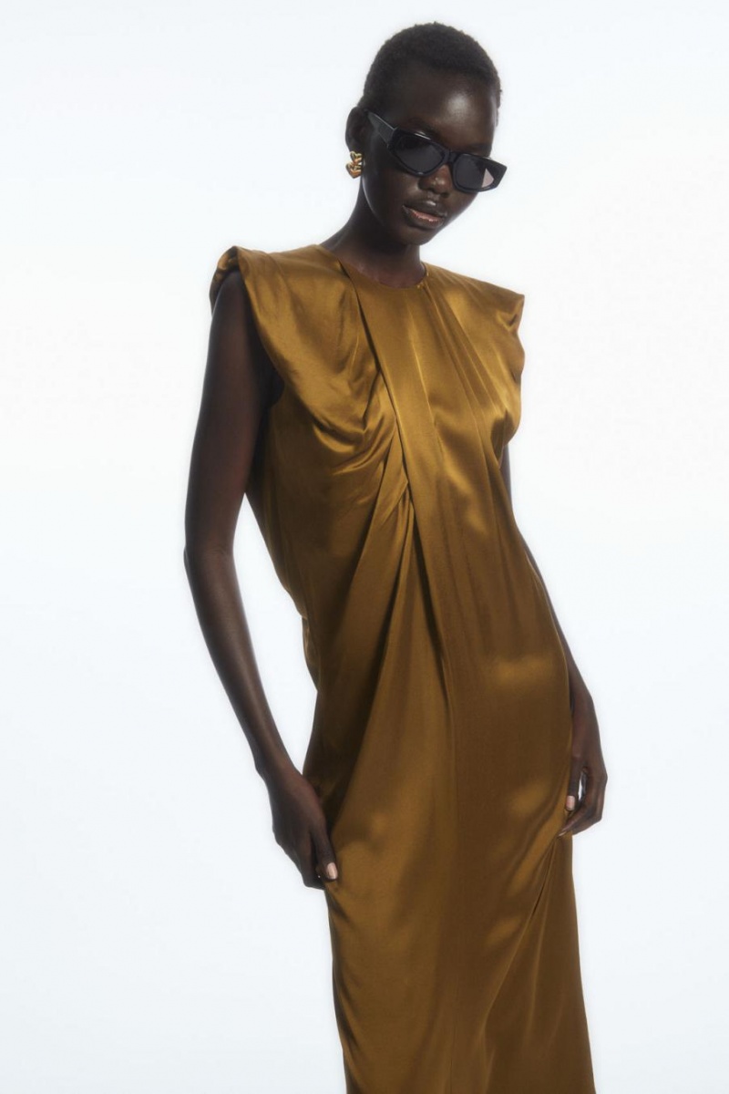COS Draped Cap-sleeve Midi Ruha Női Barna | KWO-970561