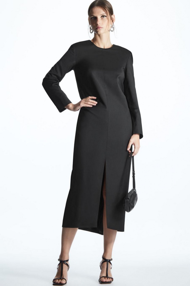 COS Draped Gyapjú-blend Midi Ruha Női Fekete | IZL-476908