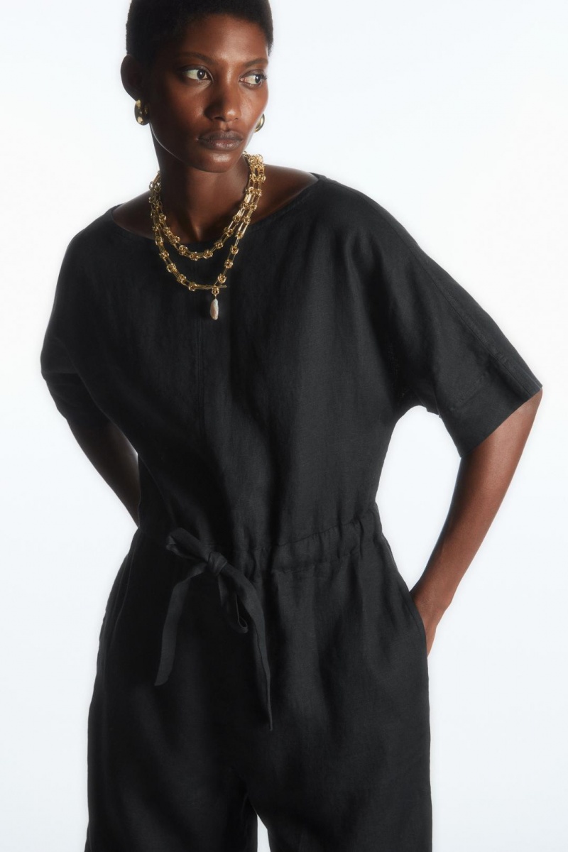 COS Drawstring-waist Linen Jumpsuit Női Fekete | QZL-205391