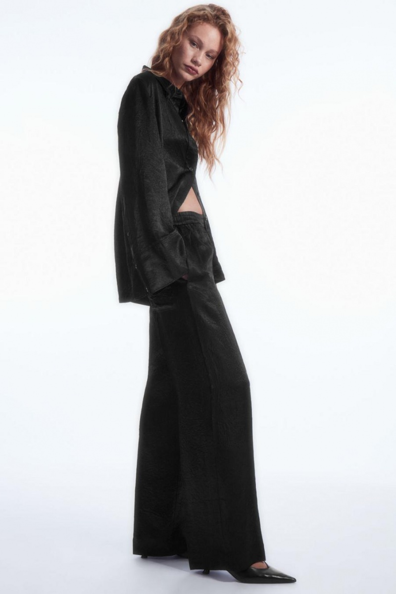 COS Egyenes-leg Crinkled-satin Nadrág Női Fekete | BFS-619248