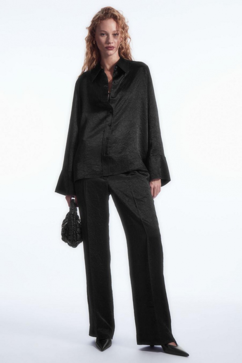 COS Egyenes-leg Crinkled-satin Nadrág Női Fekete | BFS-619248