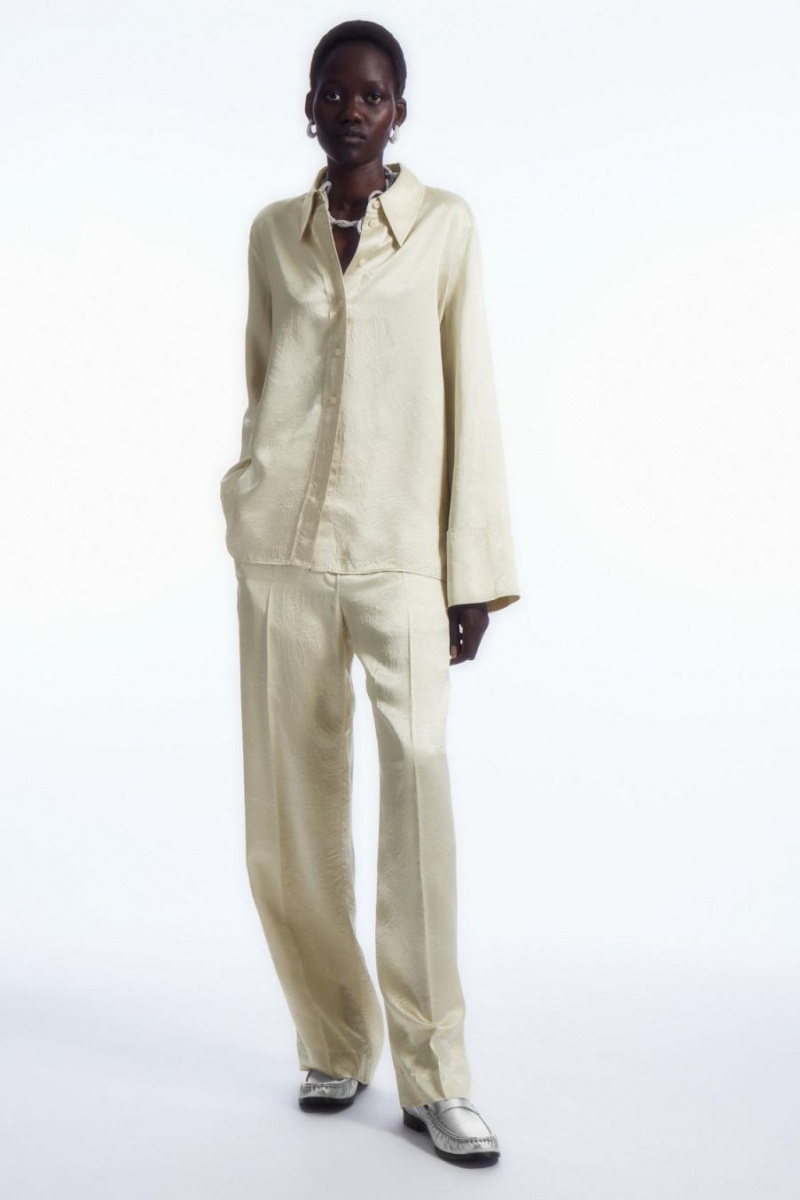 COS Egyenes-leg Crinkled-satin Nadrág Női Krém | ERG-725401