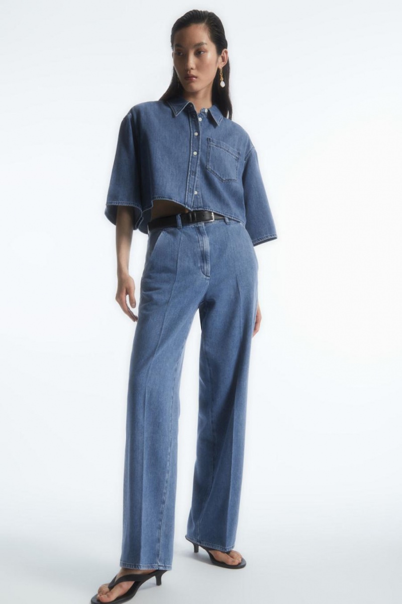 COS Egyenes-leg Denim Nadrág Női Kék | RIW-430795